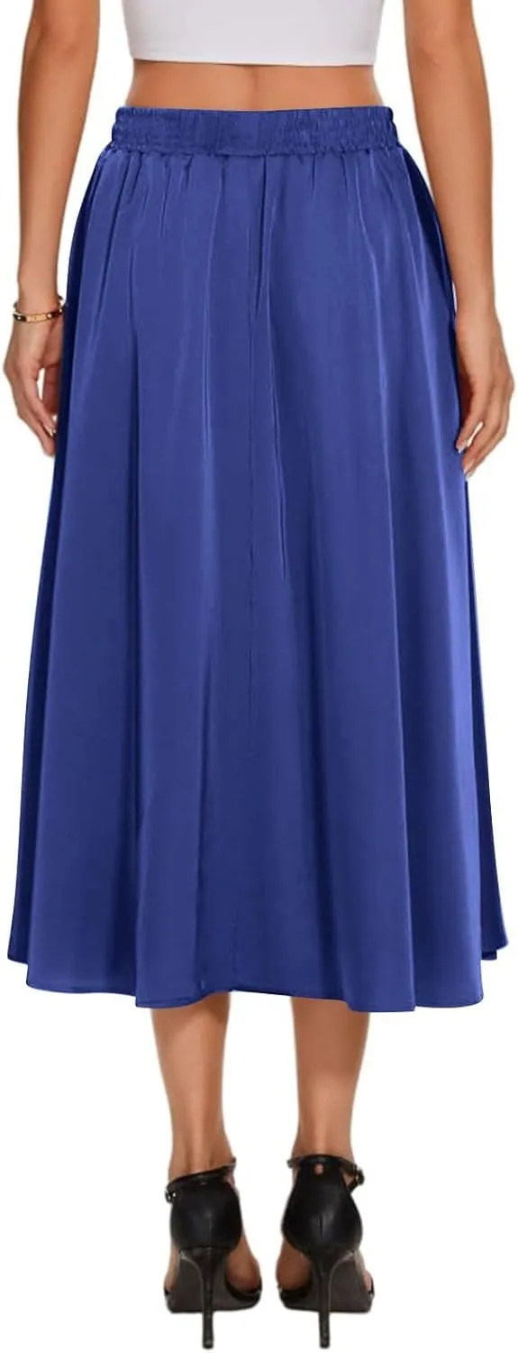 Women's Flowy Midi Skirt 2025 Trendy Summer Boho Pleated Elastic Waisted Casual Beach Long Skirts with Pockets