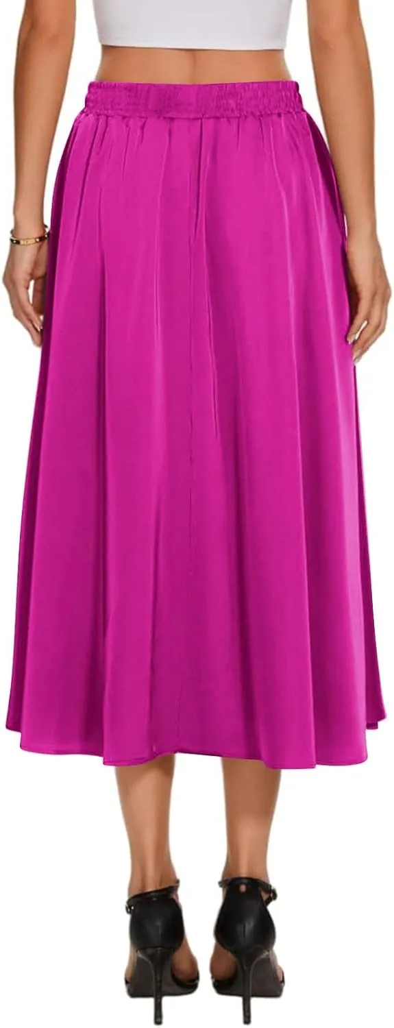 Women's Flowy Midi Skirt 2025 Trendy Summer Boho Pleated Elastic Waisted Casual Beach Long Skirts with Pockets