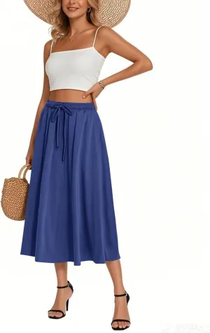 Women's Flowy Midi Skirt 2025 Trendy Summer Boho Pleated Elastic Waisted Casual Beach Long Skirts with Pockets