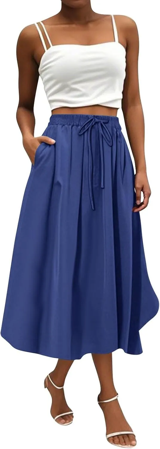Women's Flowy Midi Skirt 2025 Trendy Summer Boho Pleated Elastic Waisted Casual Beach Long Skirts with Pockets