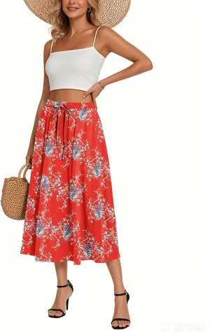 Women's Flowy Midi Skirt 2025 Trendy Summer Boho Pleated Elastic Waisted Casual Beach Long Skirts with Pockets