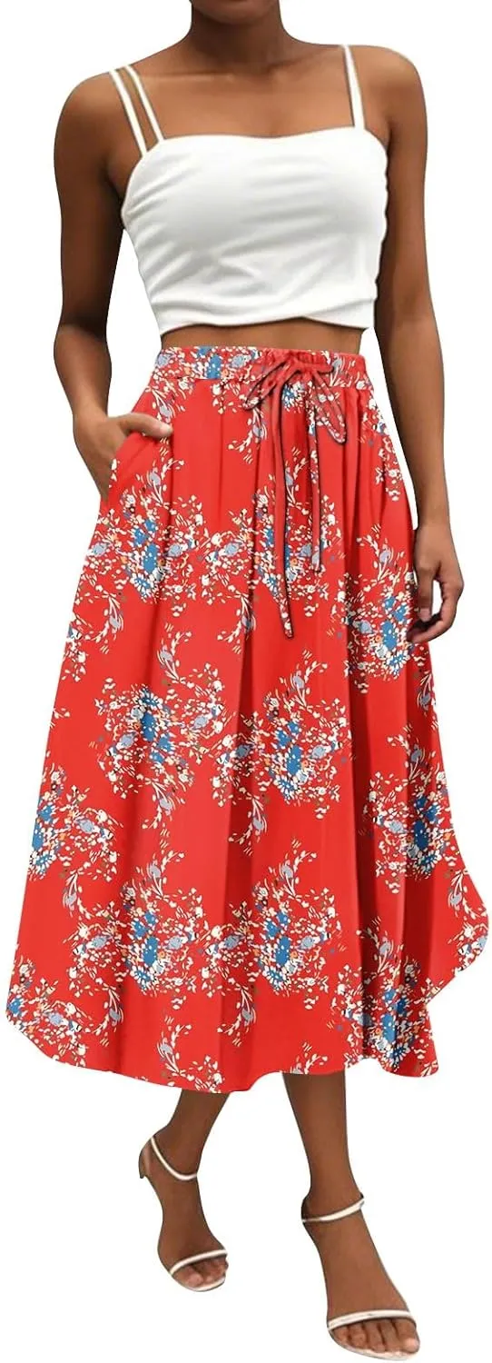 Women's Flowy Midi Skirt 2025 Trendy Summer Boho Pleated Elastic Waisted Casual Beach Long Skirts with Pockets