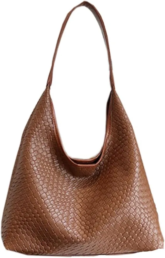 Women's Handbag Woven Hobo Shoulder Bag, Large Capacity Tote, PU Leather, Magnetic Closure