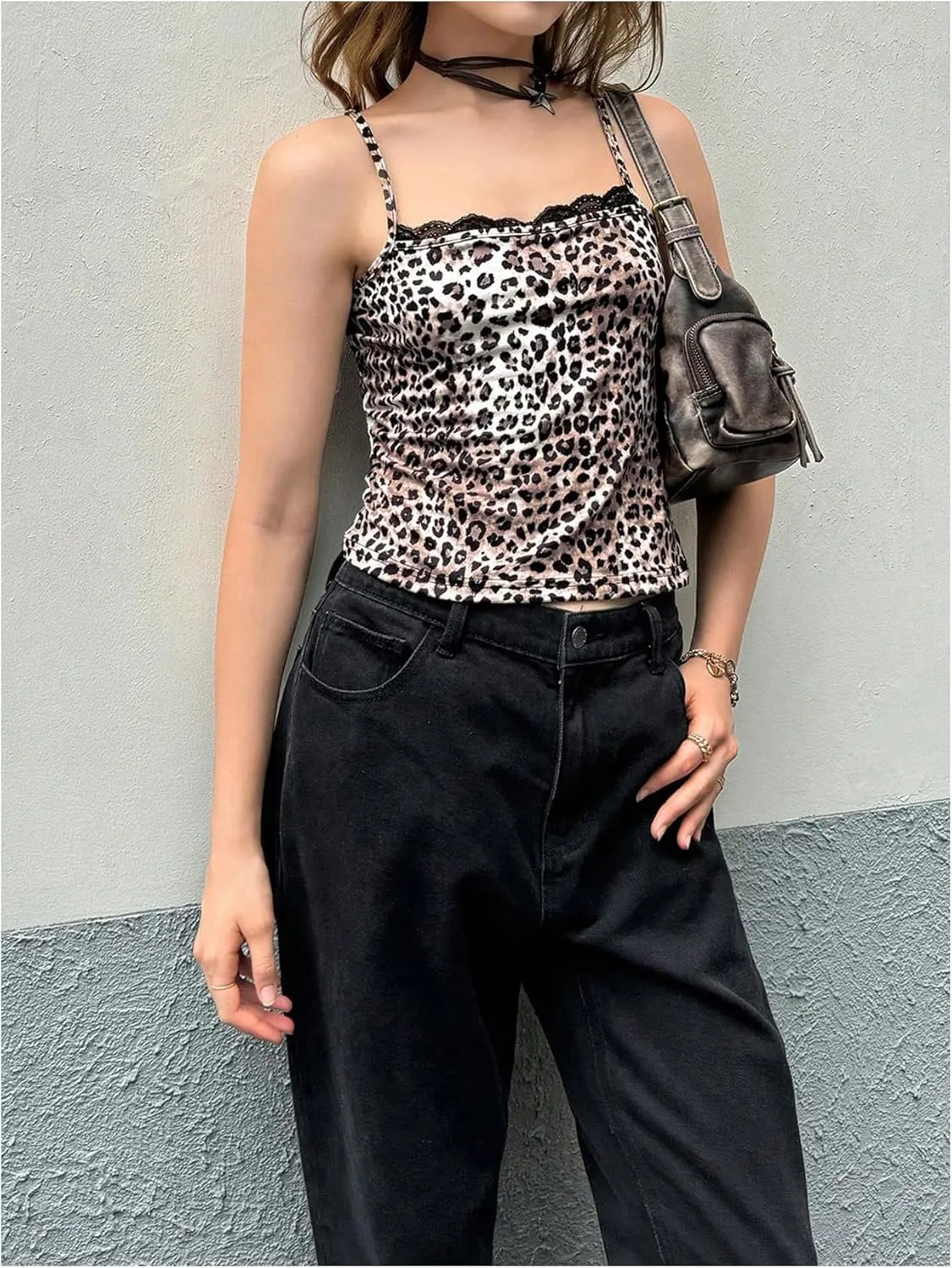 Women's Leopard Print Lace Trim Sexy Tank Top Spaghetti Strap Cami Square Neck Sleeveless Camisole