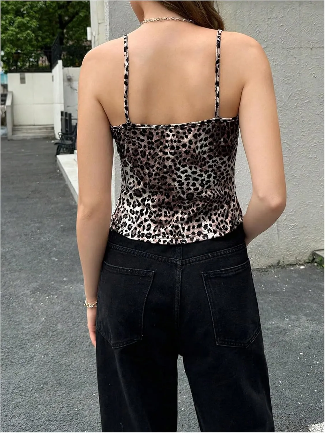 Women's Leopard Print Lace Trim Sexy Tank Top Spaghetti Strap Cami Square Neck Sleeveless Camisole