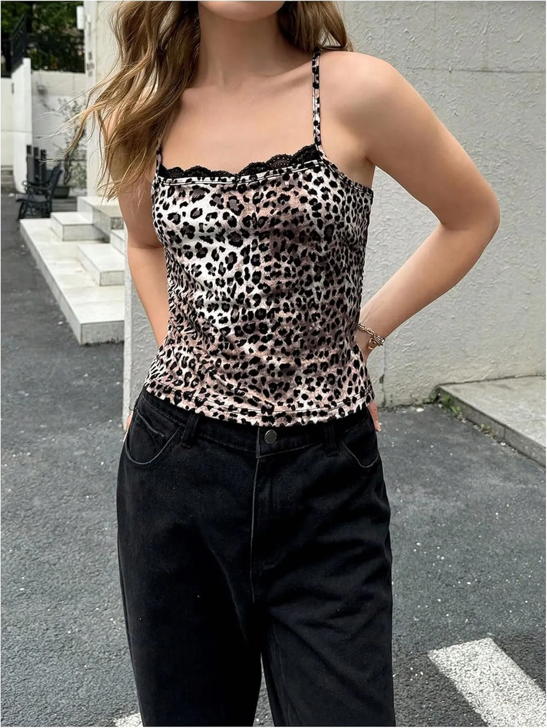 Women's Leopard Print Lace Trim Sexy Tank Top Spaghetti Strap Cami Square Neck Sleeveless Camisole