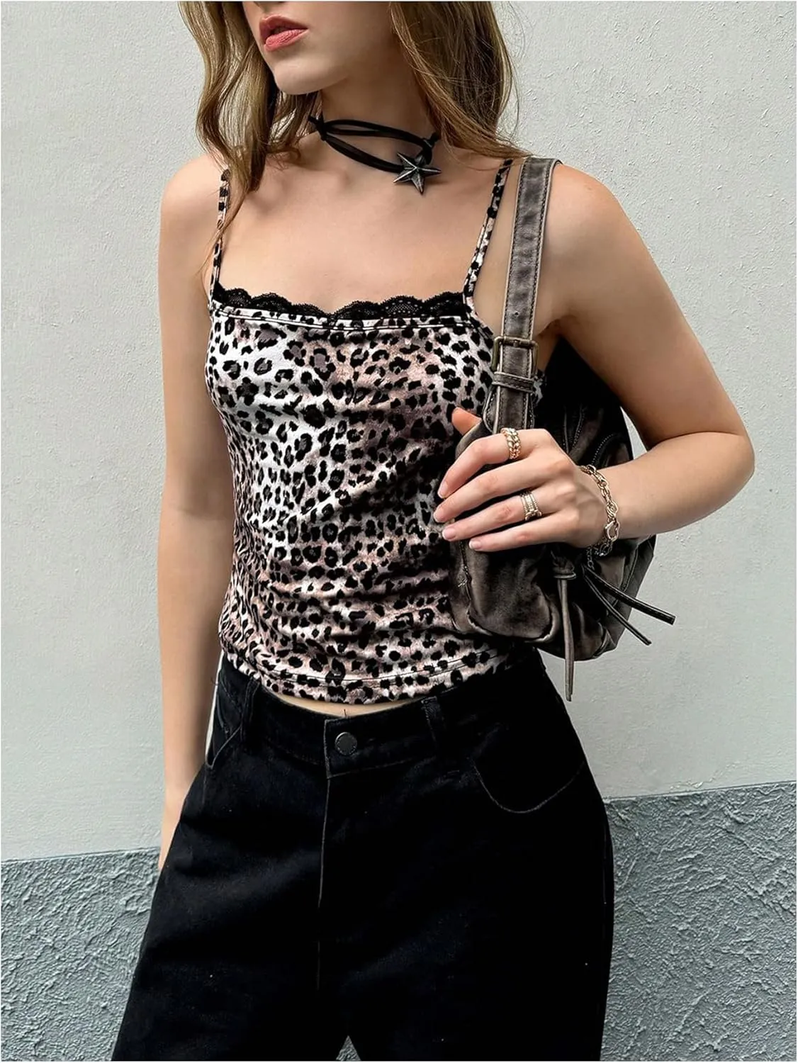 Women's Leopard Print Lace Trim Sexy Tank Top Spaghetti Strap Cami Square Neck Sleeveless Camisole