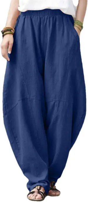 Womens Linen Harem Pants Elastic Waist Loose Fit Casual Solid Color Summer Harajuku Trousers