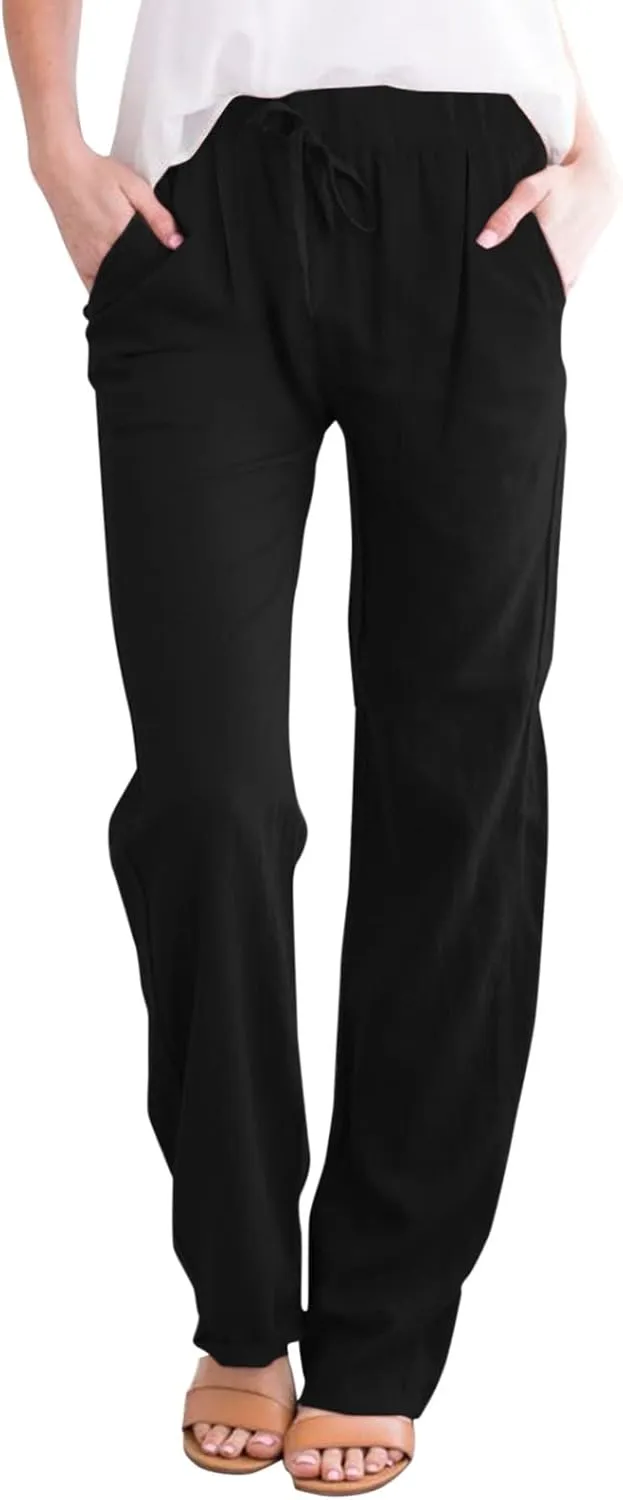 Womens Linen Summer Y2K Streetwear Palazzo Lounge Pants Low Waist Baggy Stretchy Loose Fit Trouser Business Work