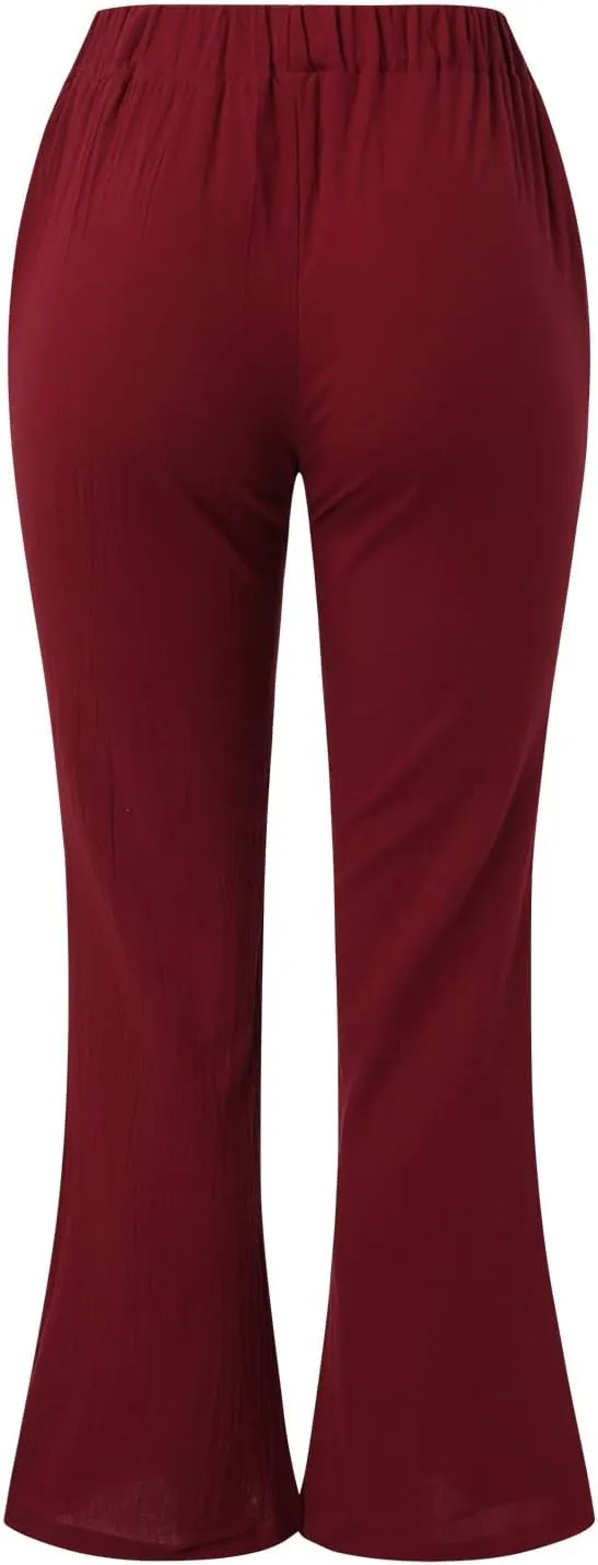 Womens Linen Summer Y2K Streetwear Palazzo Lounge Pants Low Waist Baggy Stretchy Loose Fit Trouser Business Work