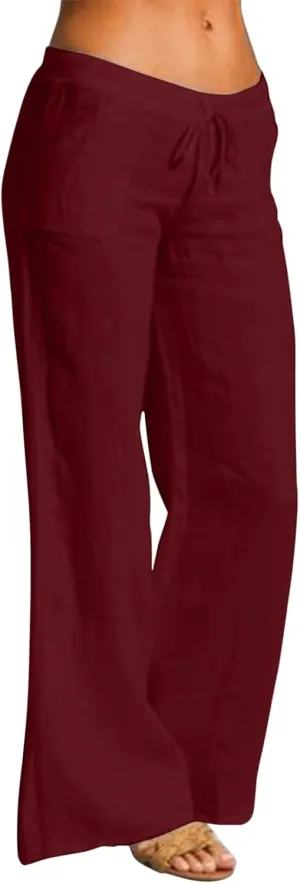 Womens Linen Summer Y2K Streetwear Palazzo Lounge Pants Low Waist Baggy Stretchy Loose Fit Trouser Business Work