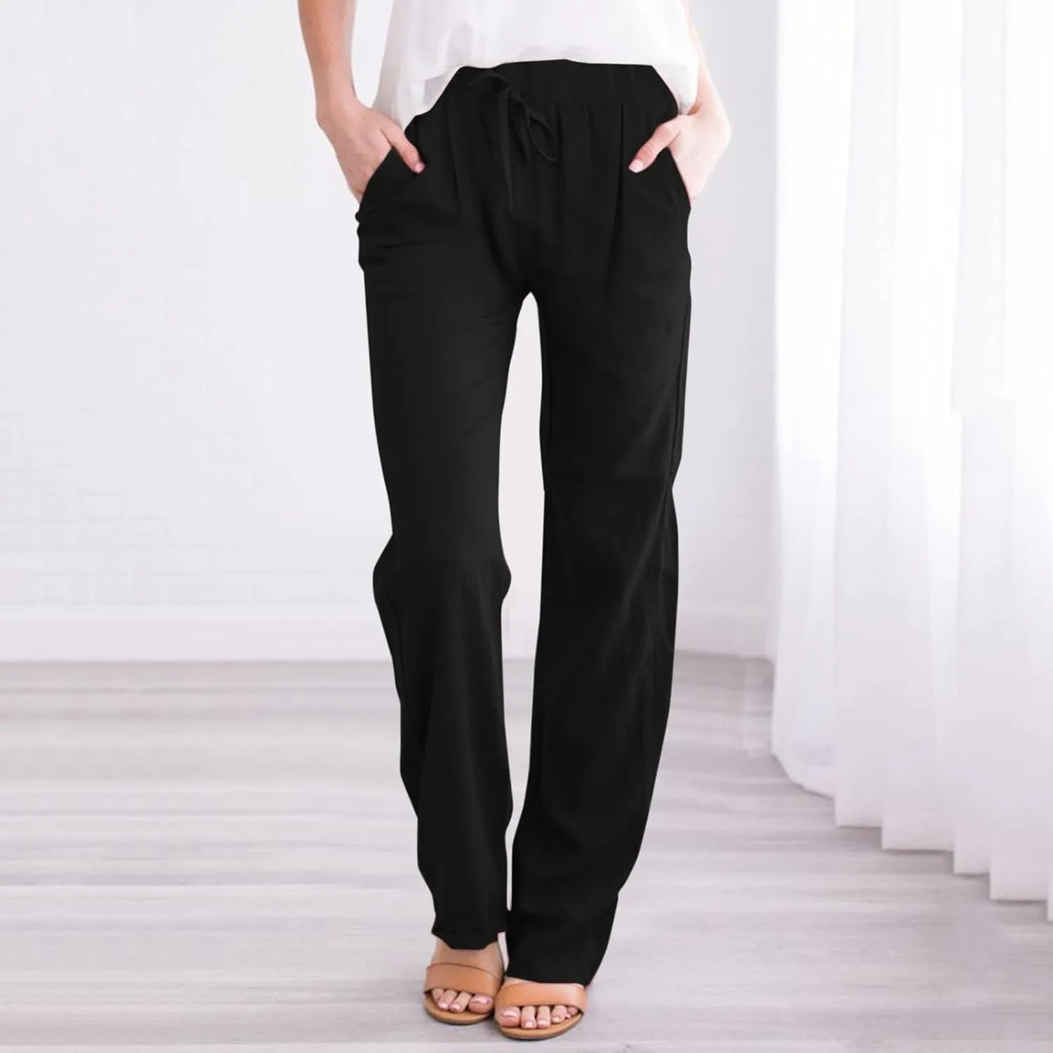 Womens Linen Summer Y2K Streetwear Palazzo Lounge Pants Low Waist Baggy Stretchy Loose Fit Trouser Business Work