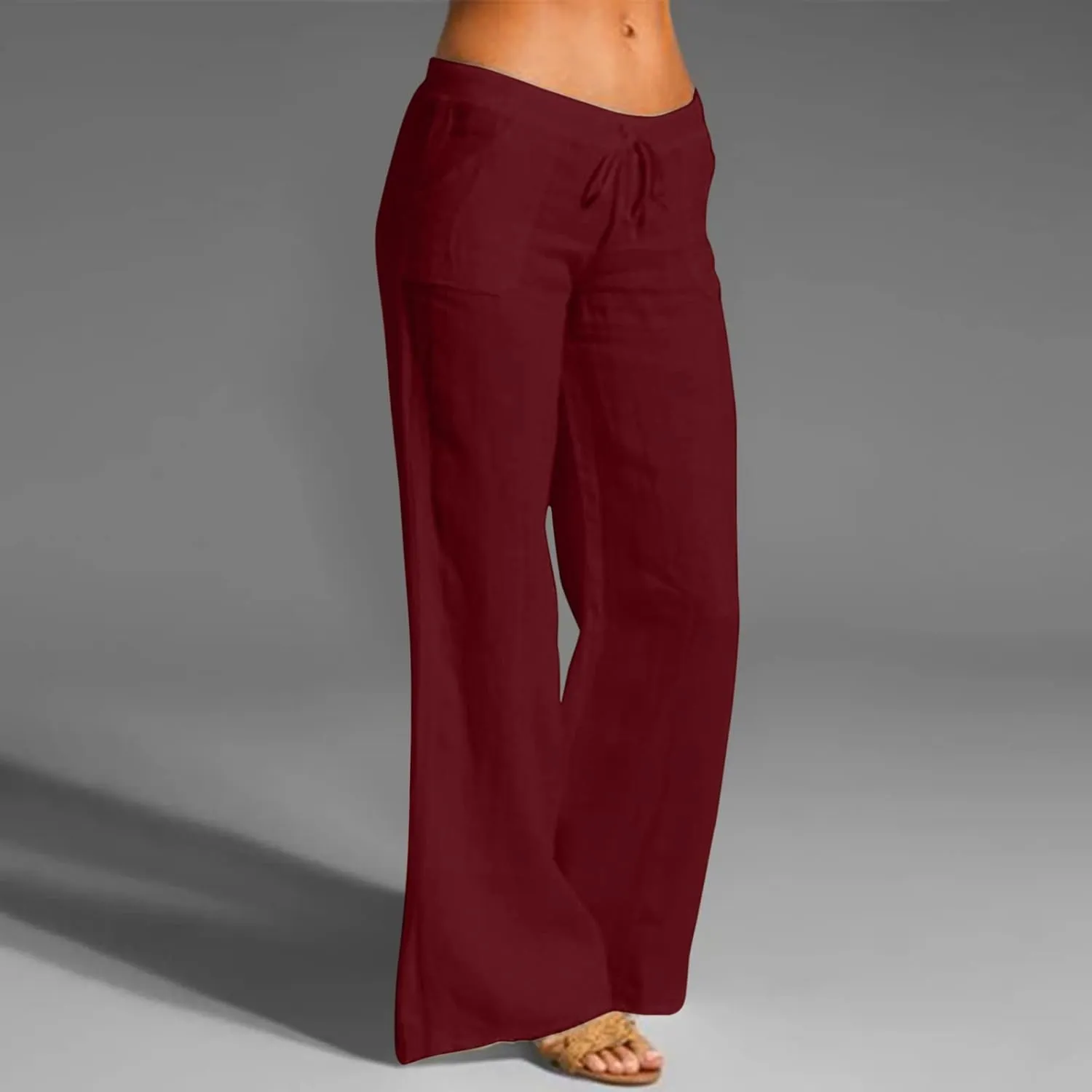Womens Linen Summer Y2K Streetwear Palazzo Lounge Pants Low Waist Baggy Stretchy Loose Fit Trouser Business Work