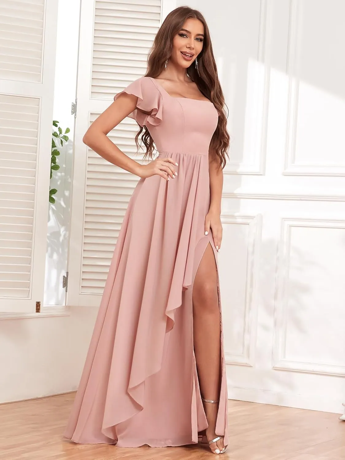 Women's Long Chiffon Bridesmaid Dresses for Wedding Short Sleeve A-line Ruched Evening Formal Gown with Slit