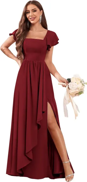 Women's Long Chiffon Bridesmaid Dresses for Wedding Short Sleeve A-line Ruched Evening Formal Gown with Slit