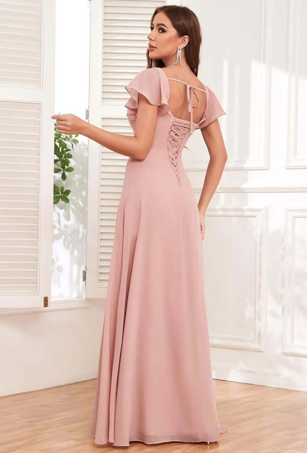 Women's Long Chiffon Bridesmaid Dresses for Wedding Short Sleeve A-line Ruched Evening Formal Gown with Slit