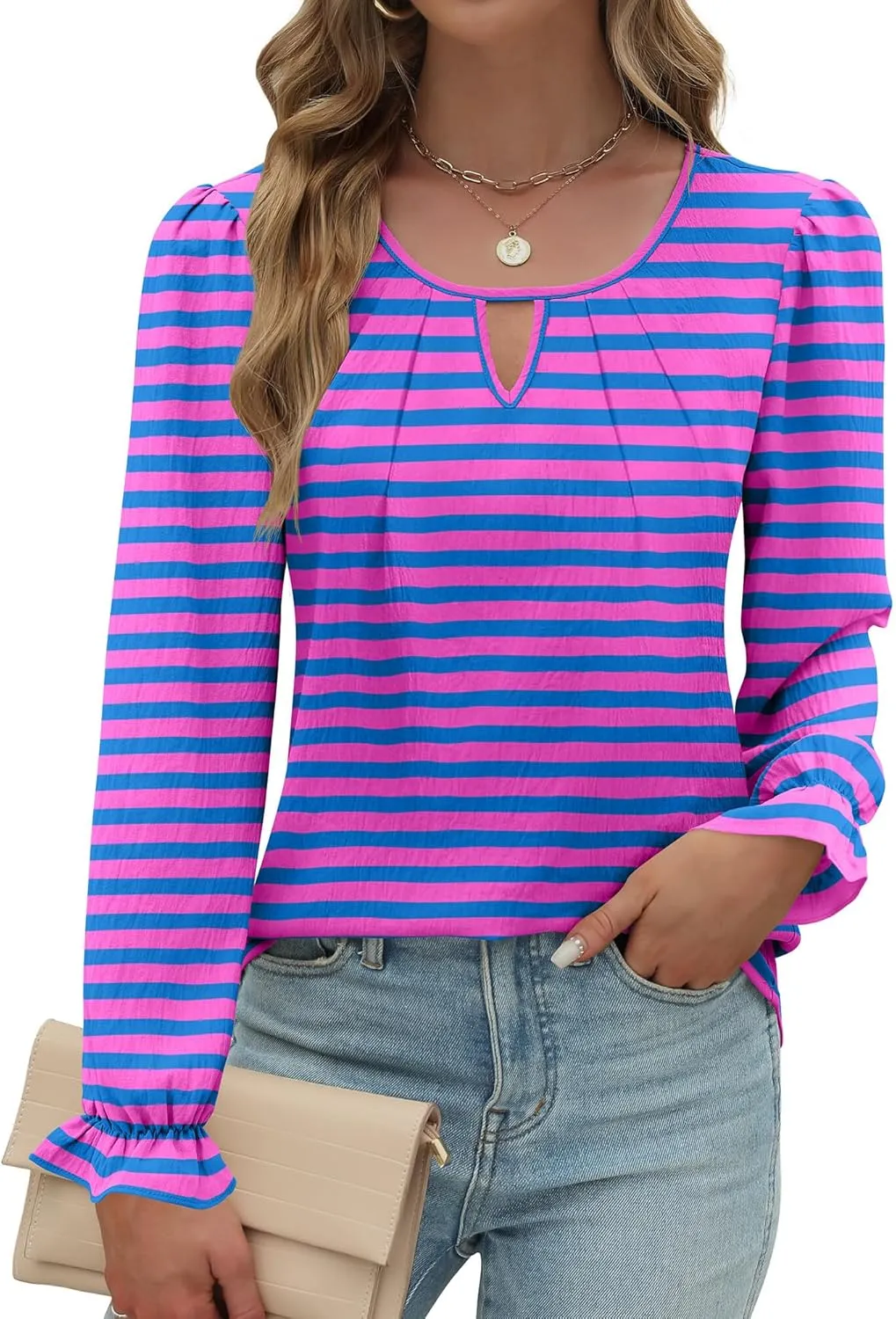 Womens Long Sleeve Tops Dressy Business Casual Blouses Basic Loose Fit V Neck Work Shirt 2024 Fall Clothes Outfits