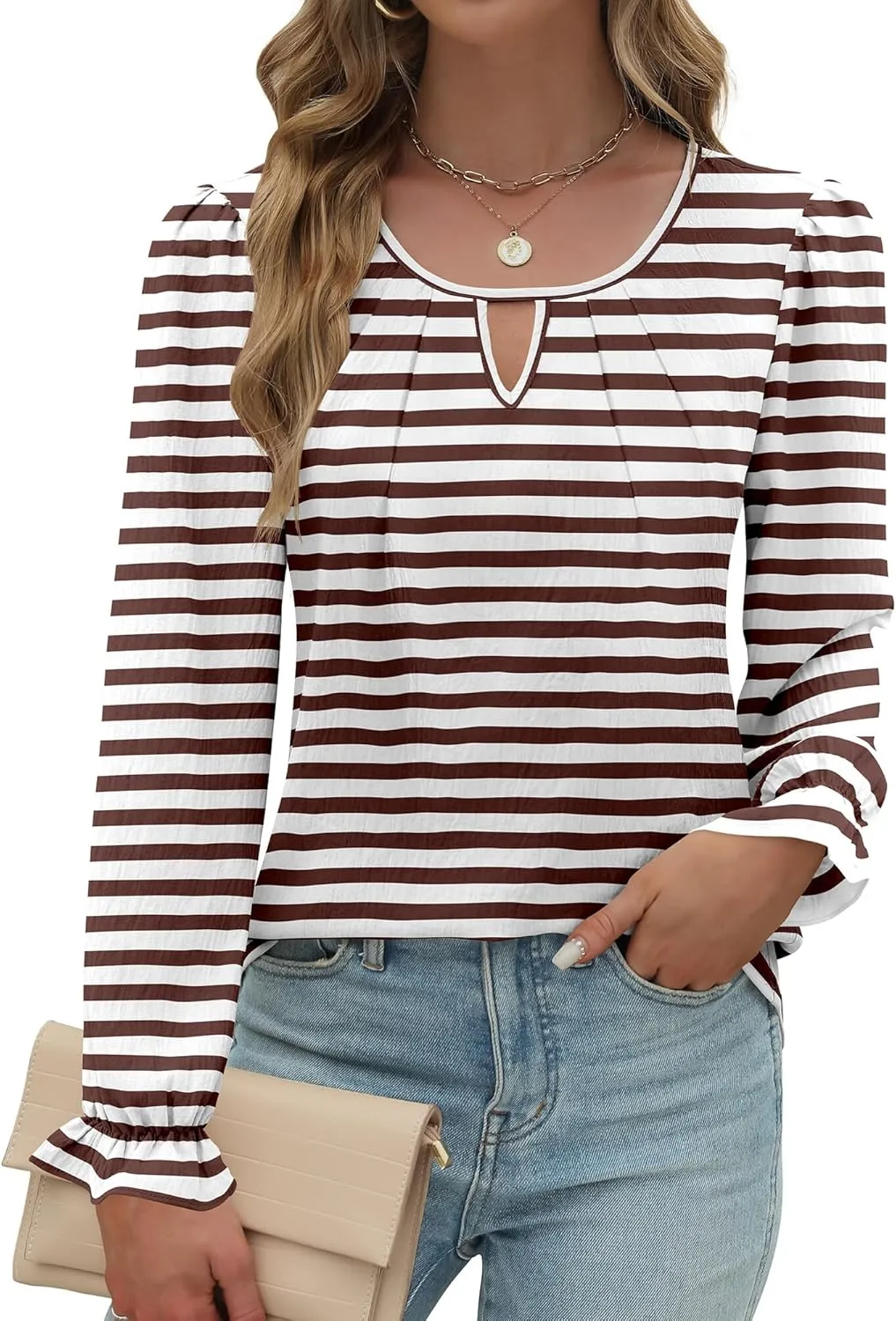 Womens Long Sleeve Tops Dressy Business Casual Blouses Basic Loose Fit V Neck Work Shirt 2024 Fall Clothes Outfits