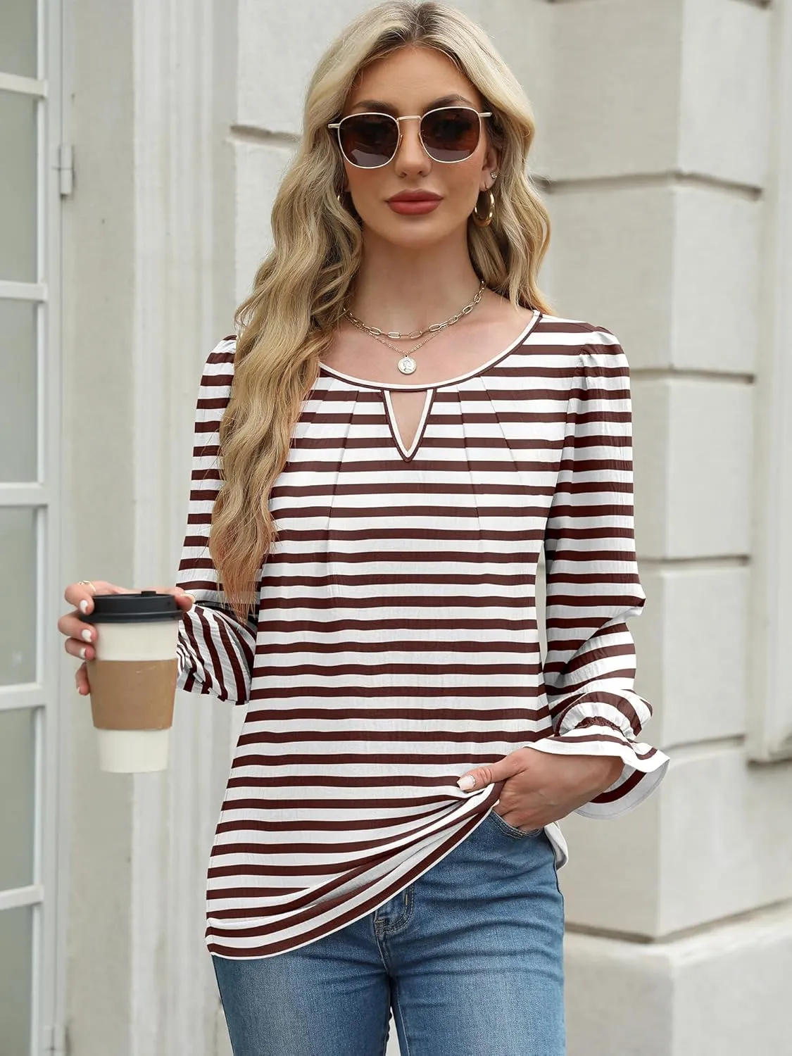 Womens Long Sleeve Tops Dressy Business Casual Blouses Basic Loose Fit V Neck Work Shirt 2024 Fall Clothes Outfits