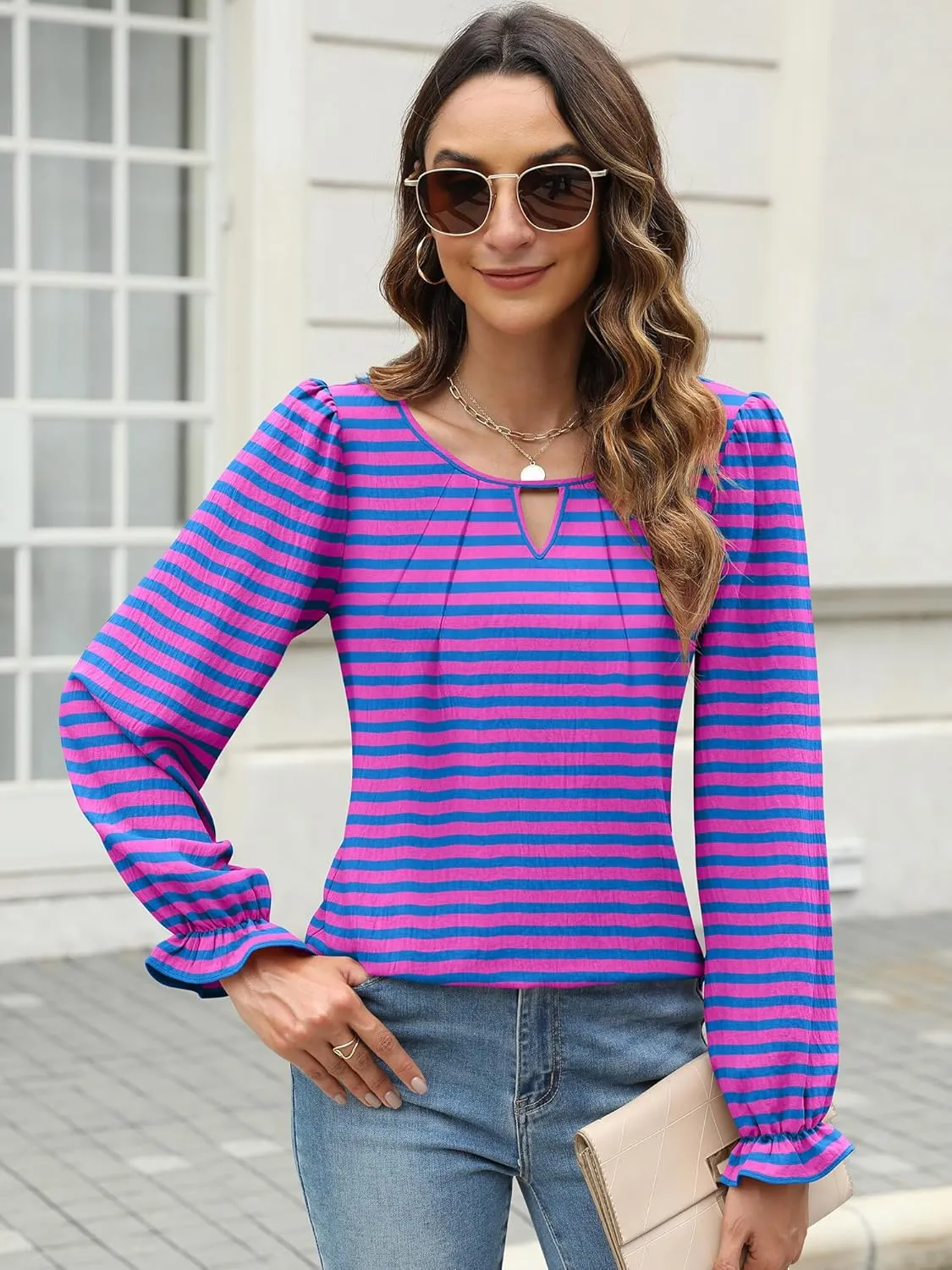 Womens Long Sleeve Tops Dressy Business Casual Blouses Basic Loose Fit V Neck Work Shirt 2024 Fall Clothes Outfits