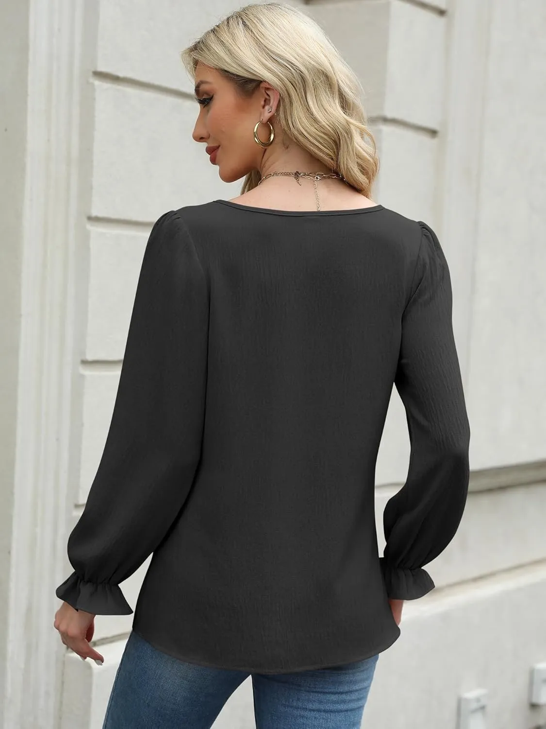 Womens Long Sleeve Tops Dressy Business Casual Blouses Basic Loose Fit V Neck Work Shirt 2024 Fall Clothes Outfits