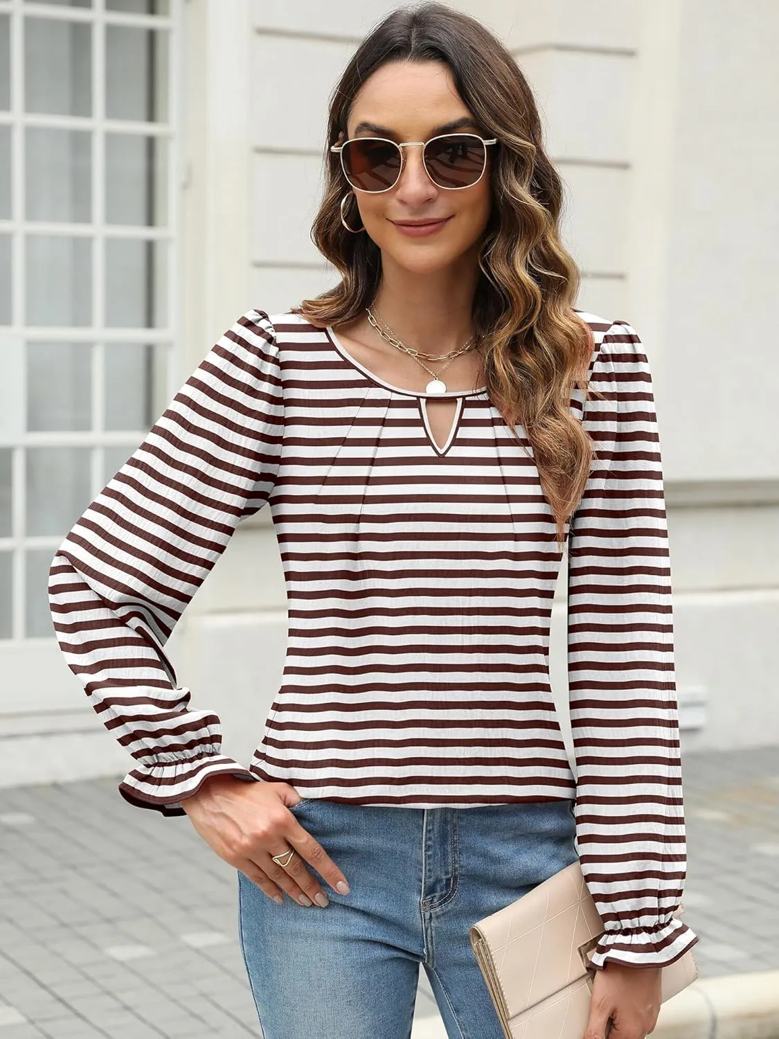 Womens Long Sleeve Tops Dressy Business Casual Blouses Basic Loose Fit V Neck Work Shirt 2024 Fall Clothes Outfits