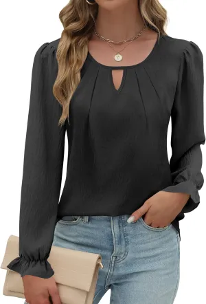 Womens Long Sleeve Tops Dressy Business Casual Blouses Basic Loose Fit V Neck Work Shirt 2024 Fall Clothes Outfits