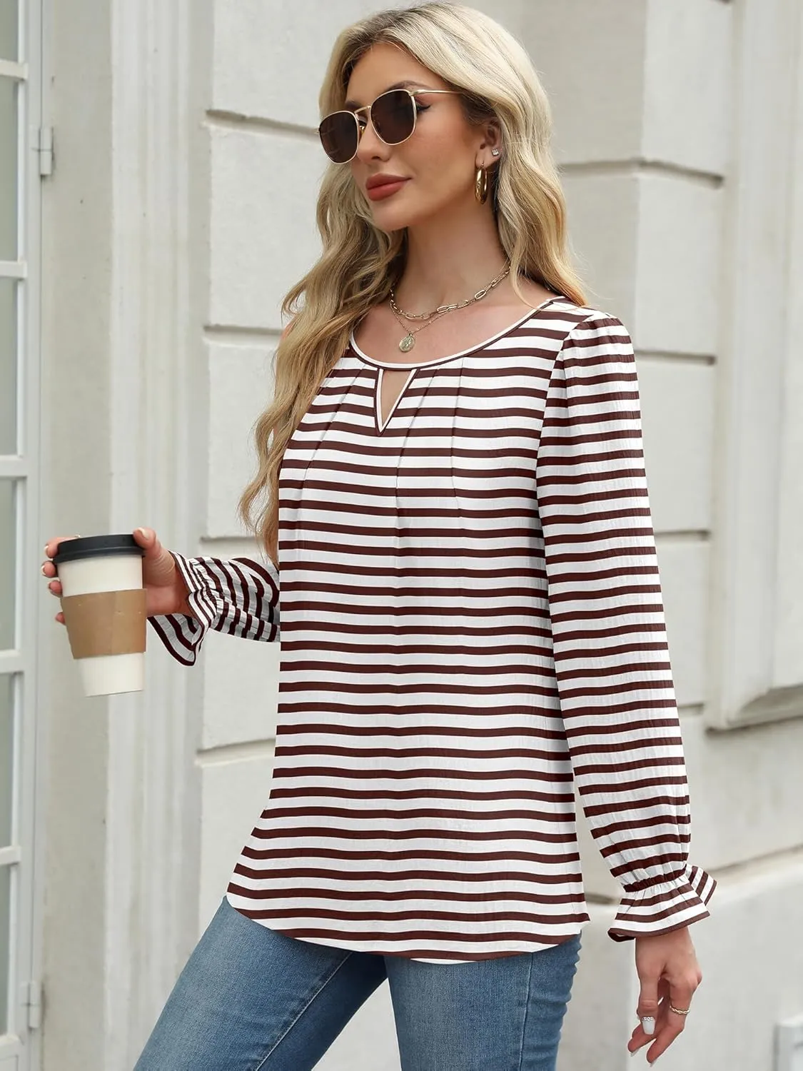 Womens Long Sleeve Tops Dressy Business Casual Blouses Basic Loose Fit V Neck Work Shirt 2024 Fall Clothes Outfits