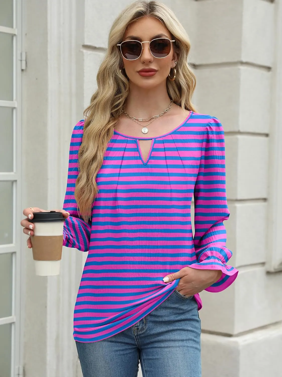 Womens Long Sleeve Tops Dressy Business Casual Blouses Basic Loose Fit V Neck Work Shirt 2024 Fall Clothes Outfits
