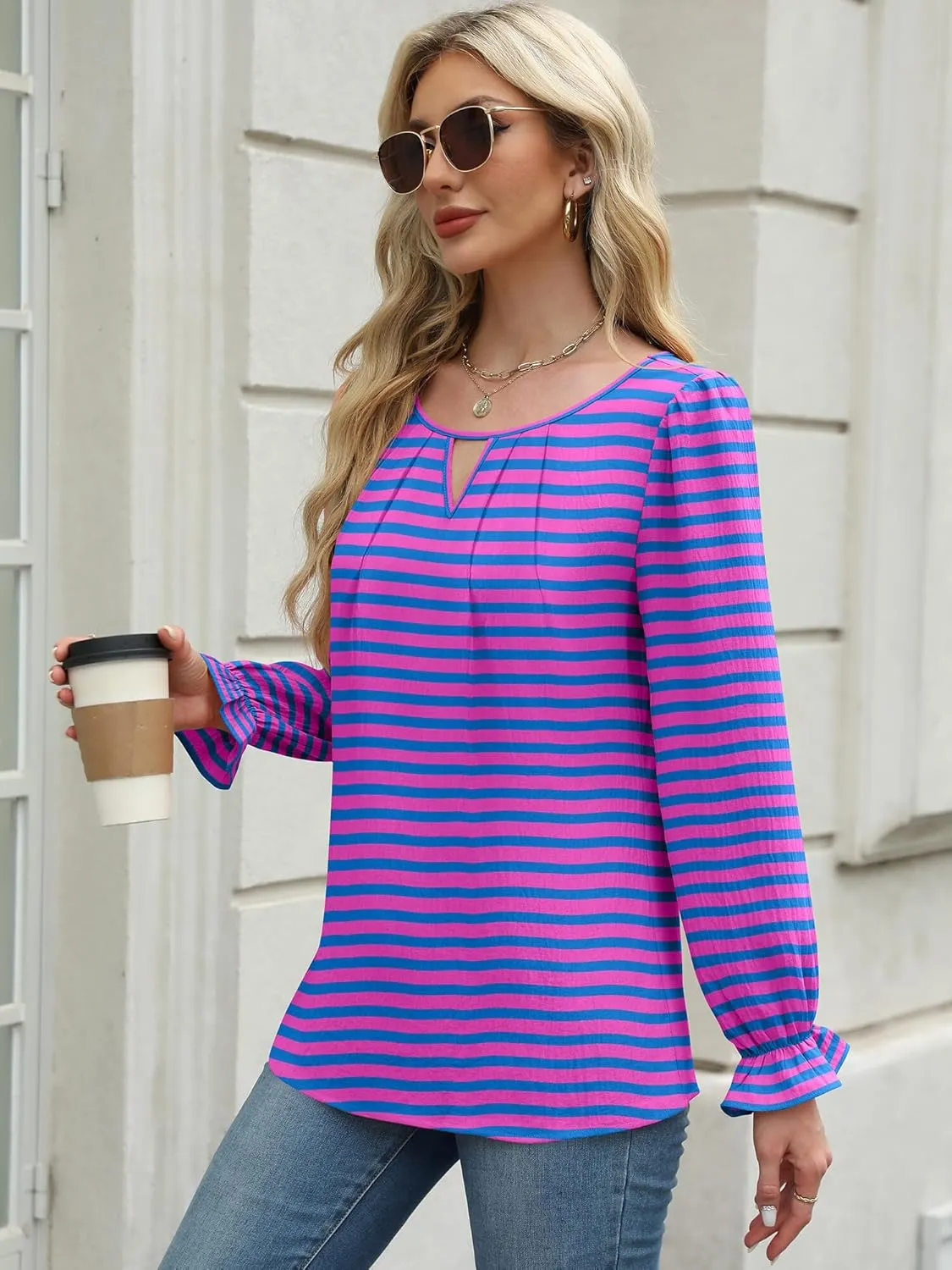 Womens Long Sleeve Tops Dressy Business Casual Blouses Basic Loose Fit V Neck Work Shirt 2024 Fall Clothes Outfits
