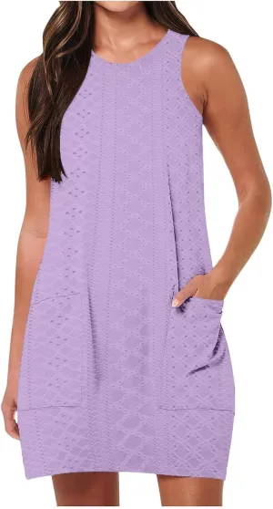 Women's Mini Dress Sleeveless Crewneck Vest Dresses Summer Pullover Casual Fit Beach Vacation Dress with Pockets