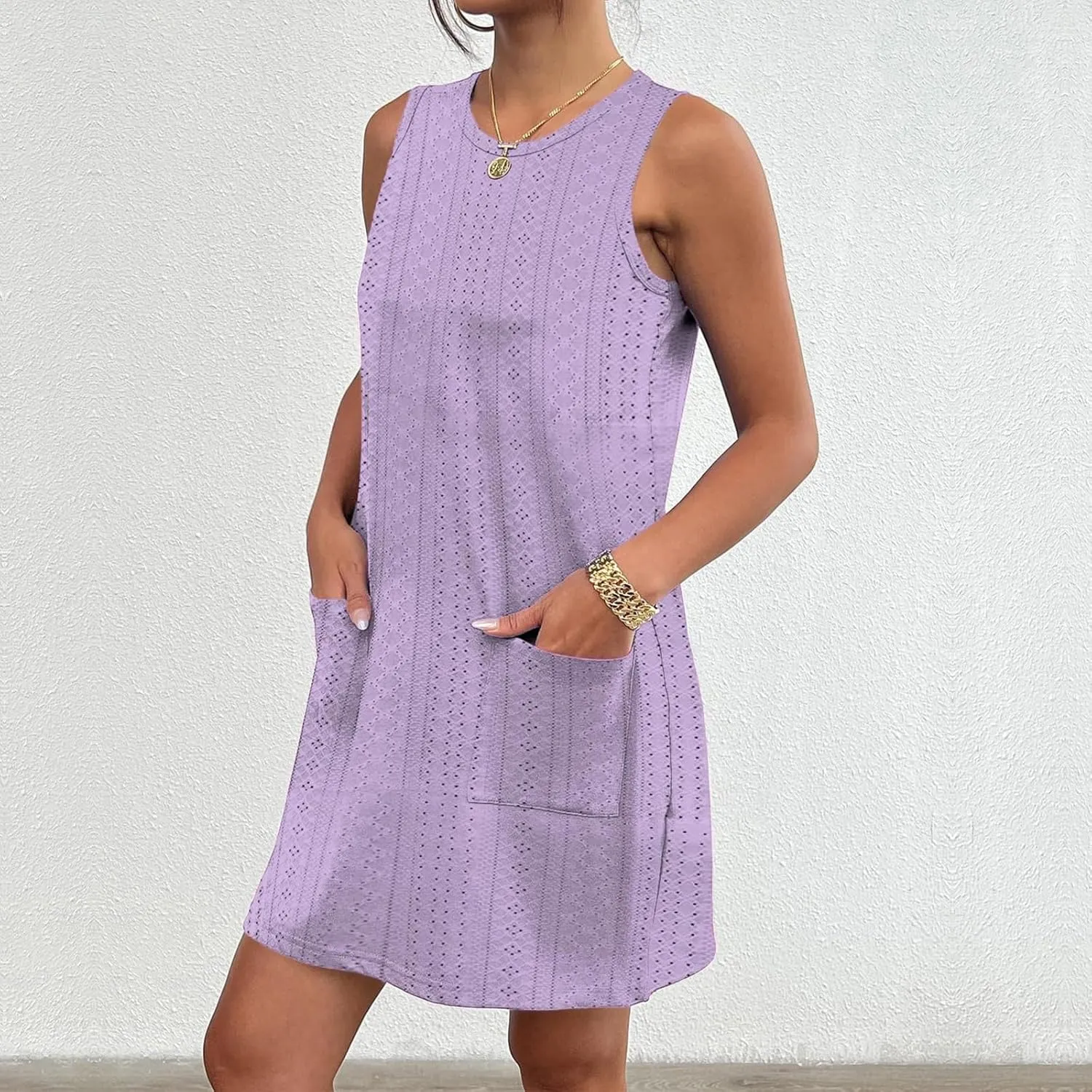 Women's Mini Dress Sleeveless Crewneck Vest Dresses Summer Pullover Casual Fit Beach Vacation Dress with Pockets