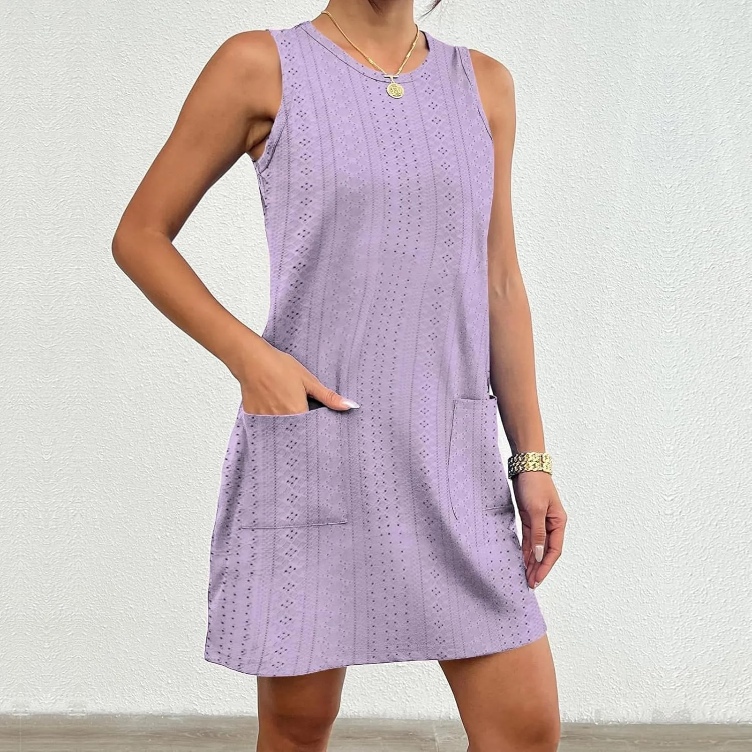Women's Mini Dress Sleeveless Crewneck Vest Dresses Summer Pullover Casual Fit Beach Vacation Dress with Pockets