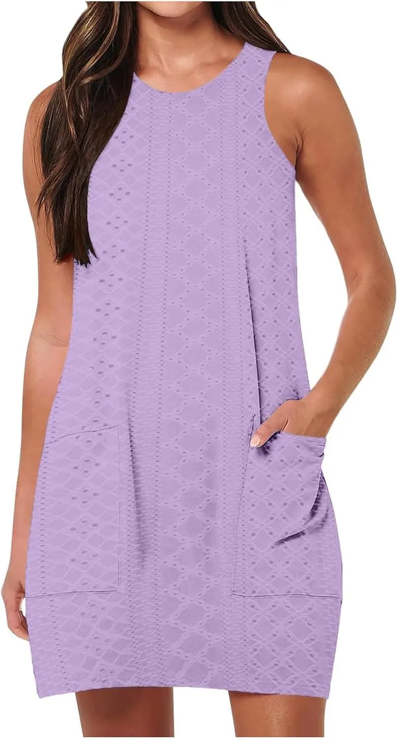 Women's Mini Dress Sleeveless Crewneck Vest Dresses Summer Pullover Casual Fit Beach Vacation Dress with Pockets