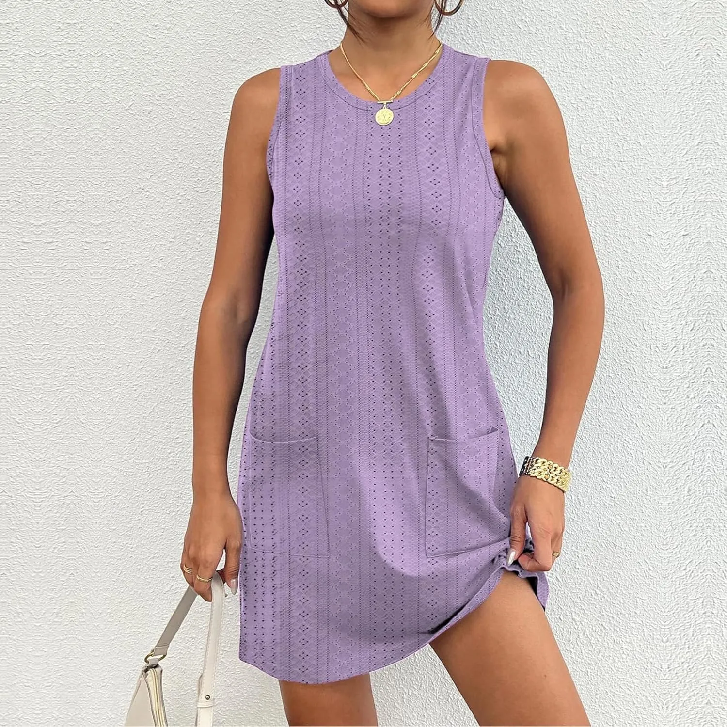 Women's Mini Dress Sleeveless Crewneck Vest Dresses Summer Pullover Casual Fit Beach Vacation Dress with Pockets
