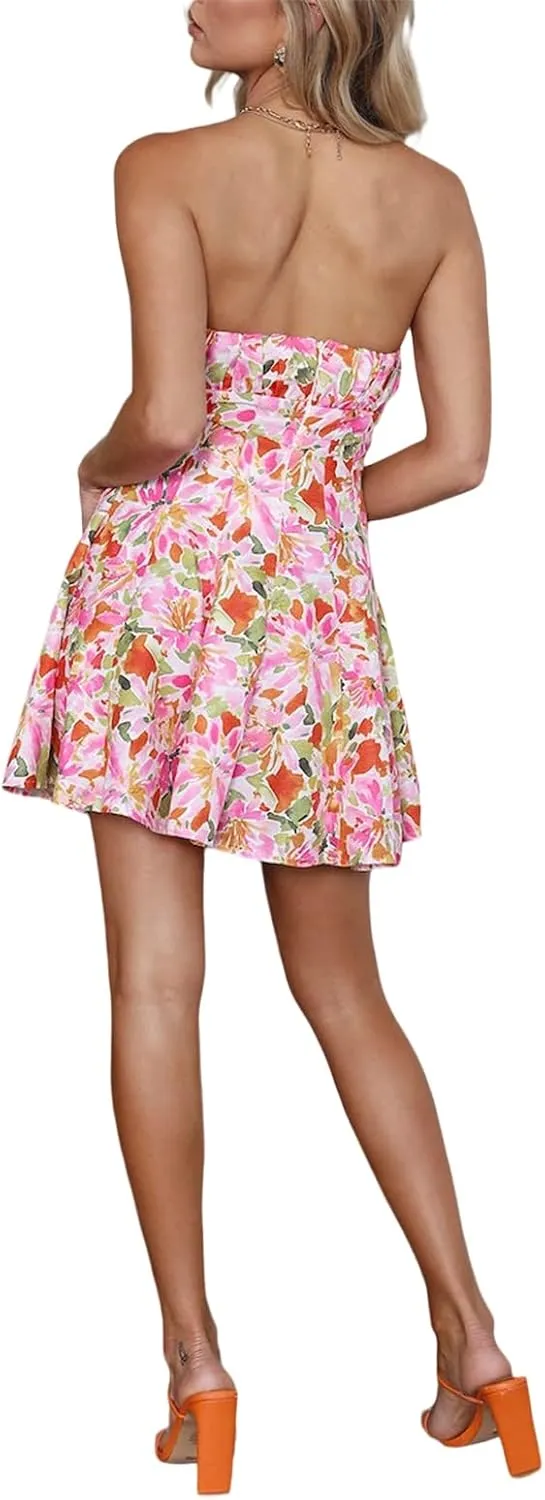 Women's Off Shoulder Sleeveless Dress Floral Strapless Tube Top Mini Dresses Ruffle Going Out Cocktail Party Streetwear