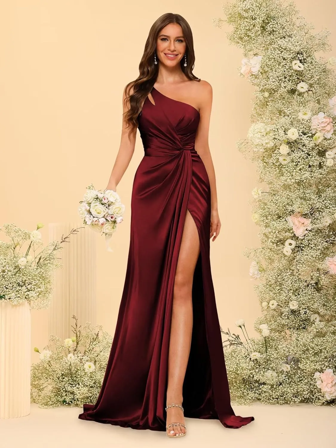 Women's One Shoulder Ruched Bridesmaid Dresses Long with Slit Satin Formal Prom Dress VS117