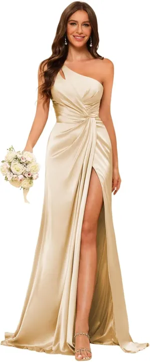 Women's One Shoulder Ruched Bridesmaid Dresses Long with Slit Satin Formal Prom Dress VS117