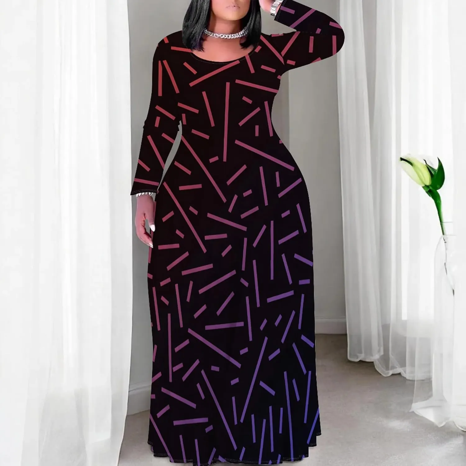 Women's Plus Size African Ethnic Style Maxi Dress Long Sleeve Tank Dress Autumn T Shirt Beach Maxi Dress with Pockets