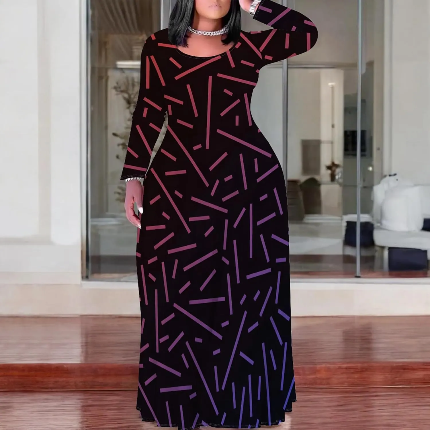 Women's Plus Size African Ethnic Style Maxi Dress Long Sleeve Tank Dress Autumn T Shirt Beach Maxi Dress with Pockets