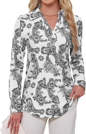 Women's Polo Shirts Collared V Neck Work Tops Long Sleeve Business Casual Dressy Blouses Textured Ribbed Tunic