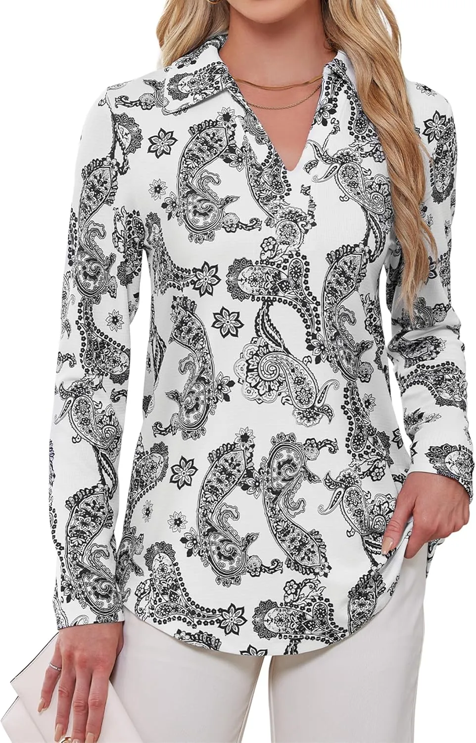 Women's Polo Shirts Collared V Neck Work Tops Long Sleeve Business Casual Dressy Blouses Textured Ribbed Tunic