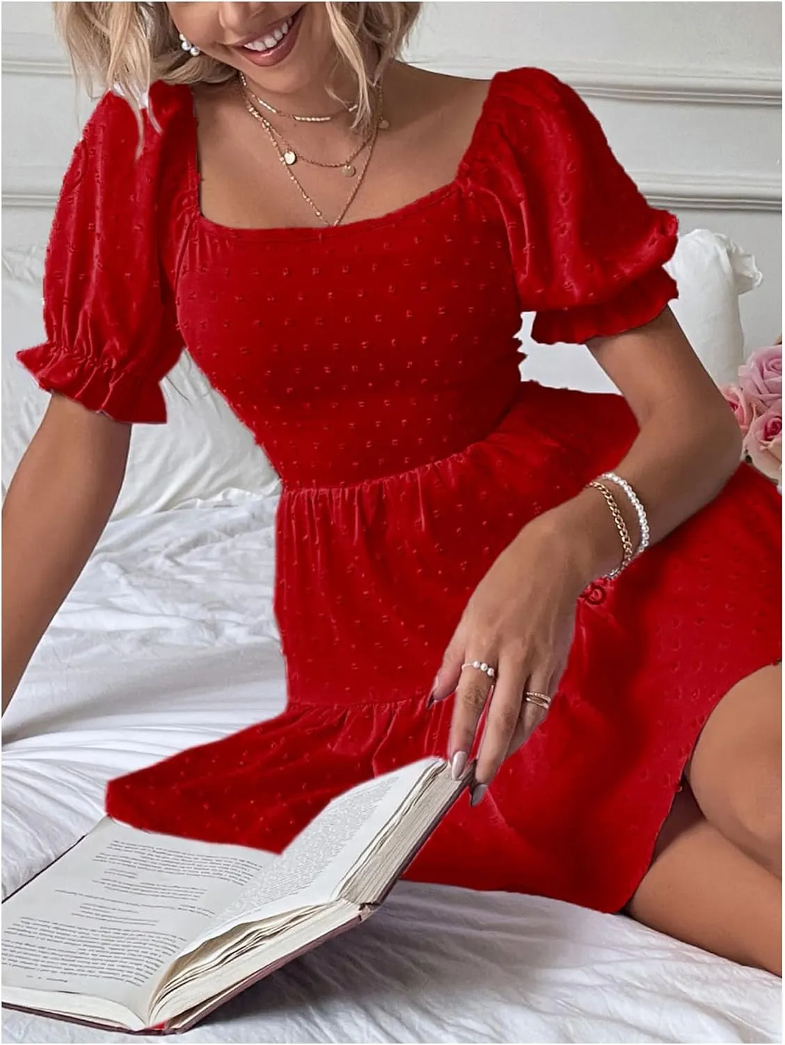 Women's Puff Sleeve Square Neck Ruffle Hem Mini Dress Tie Back High Waist A Line Dresses