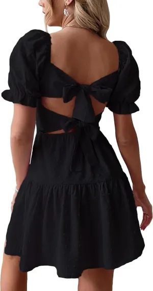 Women's Puff Sleeve Square Neck Ruffle Hem Mini Dress Tie Back High Waist A Line Dresses