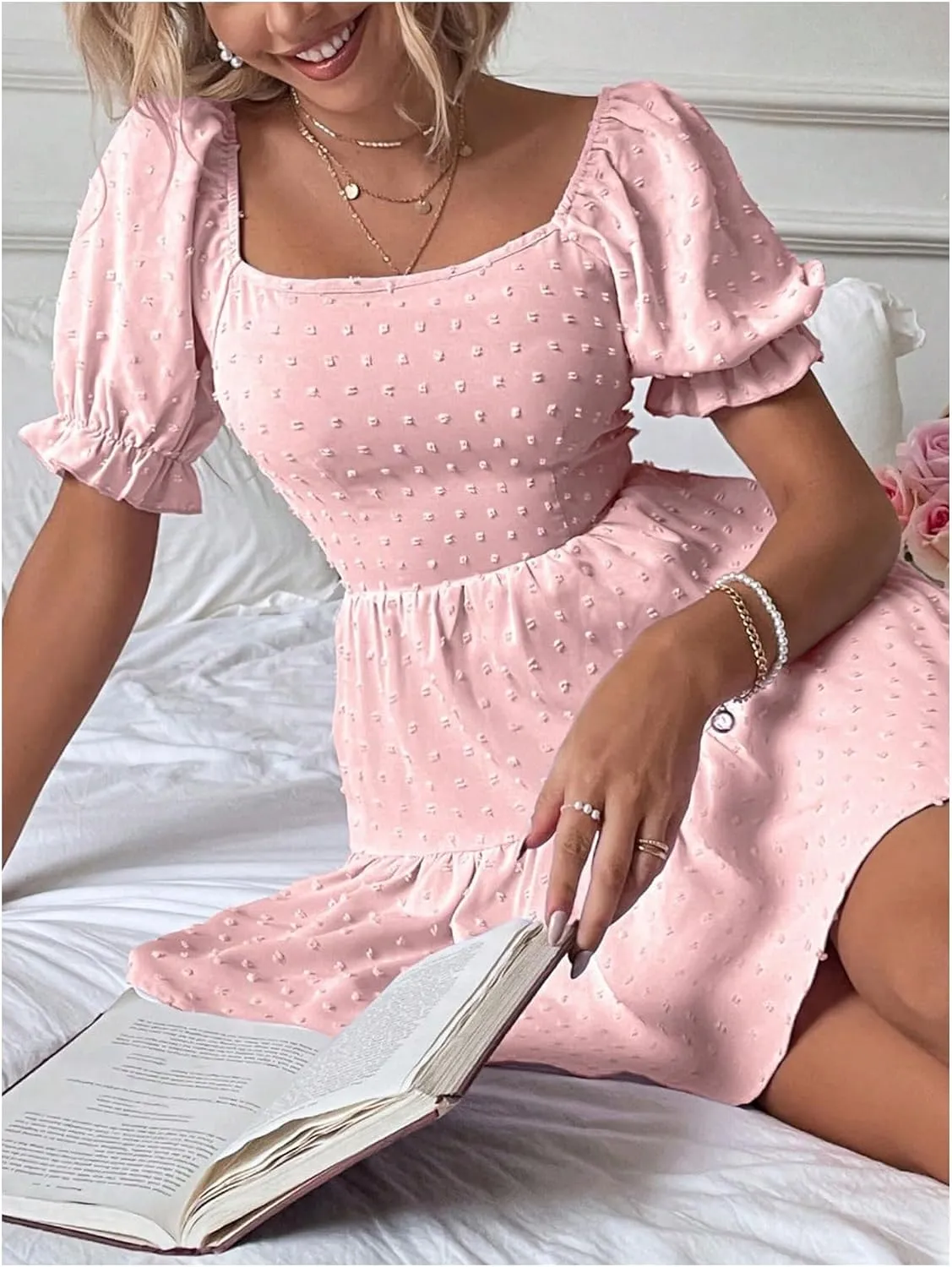 Women's Puff Sleeve Square Neck Ruffle Hem Mini Dress Tie Back High Waist A Line Dresses