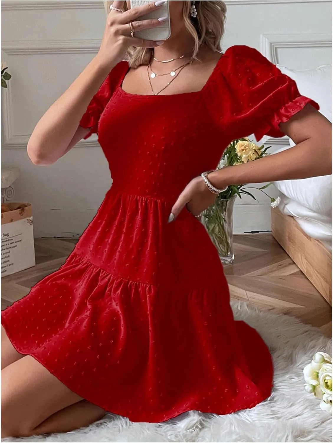 Women's Puff Sleeve Square Neck Ruffle Hem Mini Dress Tie Back High Waist A Line Dresses
