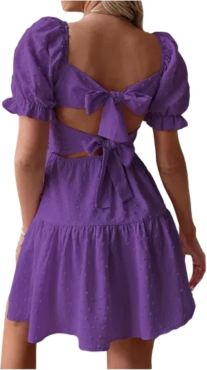 Women's Puff Sleeve Square Neck Ruffle Hem Mini Dress Tie Back High Waist A Line Dresses