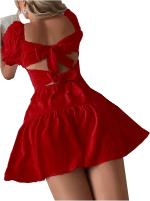 Women's Puff Sleeve Square Neck Ruffle Hem Mini Dress Tie Back High Waist A Line Dresses
