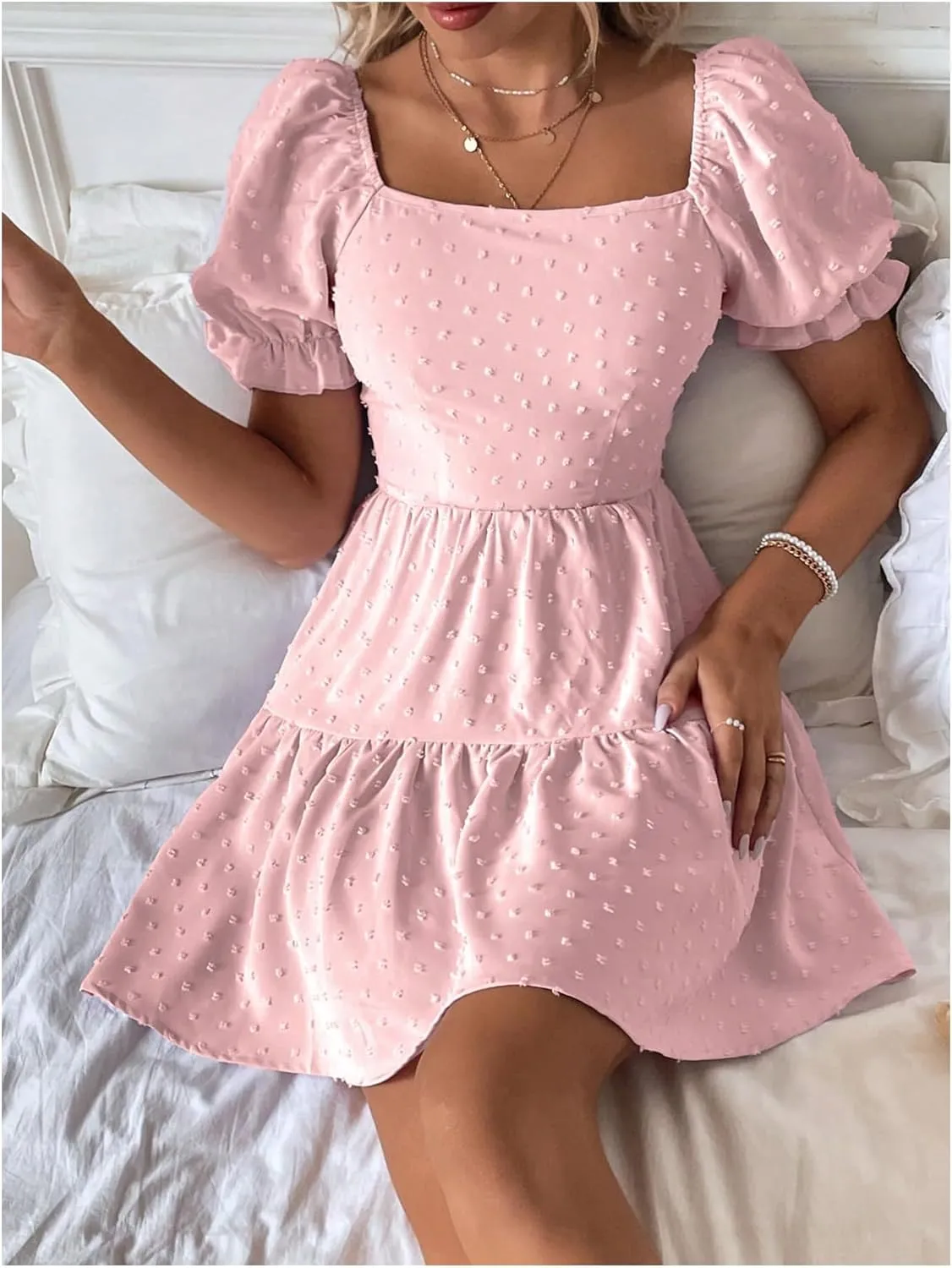 Women's Puff Sleeve Square Neck Ruffle Hem Mini Dress Tie Back High Waist A Line Dresses