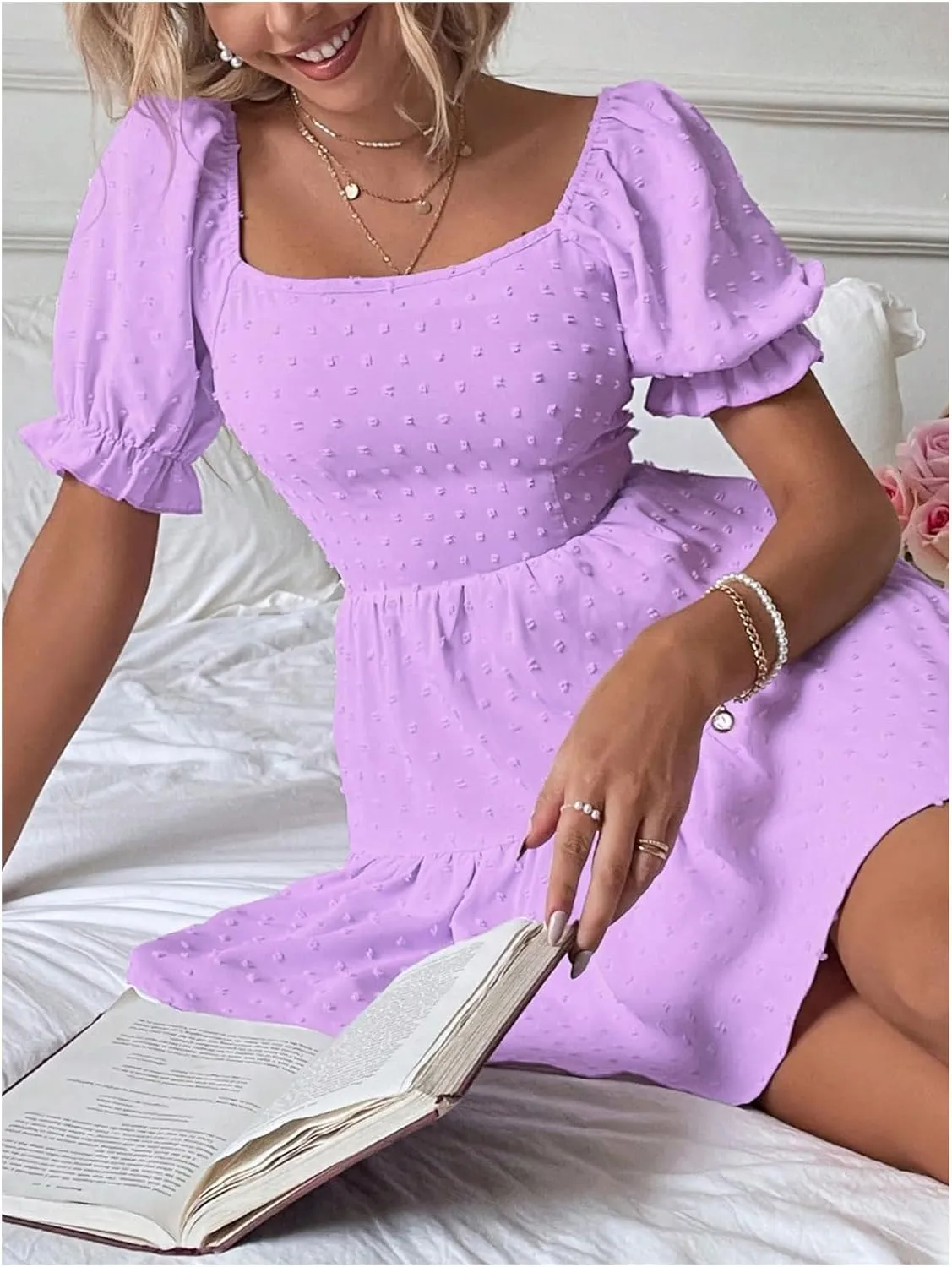 Women's Puff Sleeve Square Neck Ruffle Hem Mini Dress Tie Back High Waist A Line Dresses